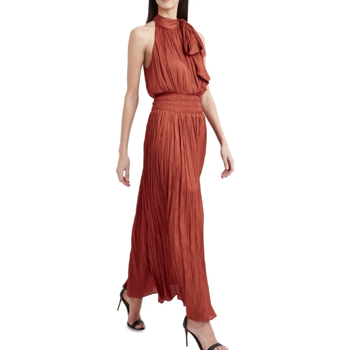 Broomstick Satin Pleated Smocked Halter Maxi Dress
