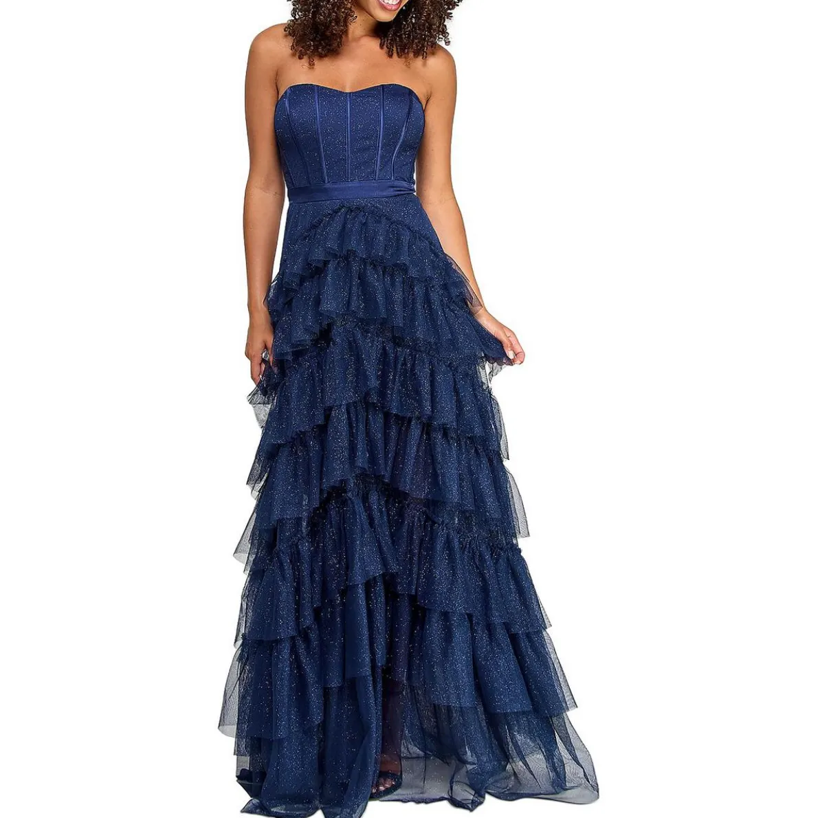 Juniors Glitter Tiered Evening Dress