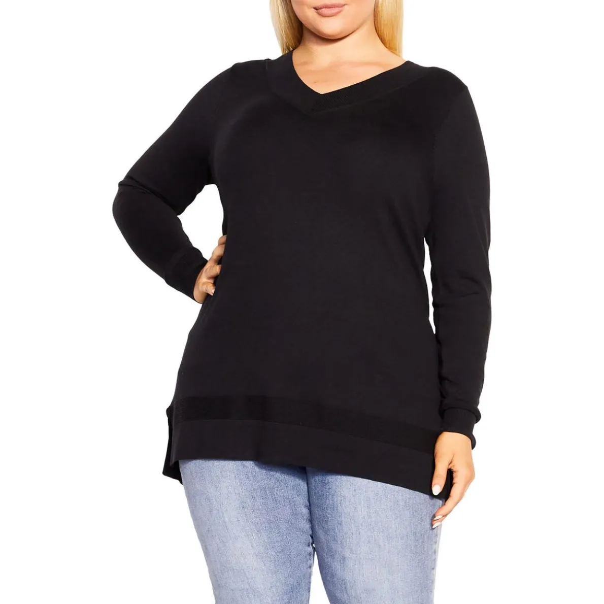 Ribbed Trim V Neck Pullover Top