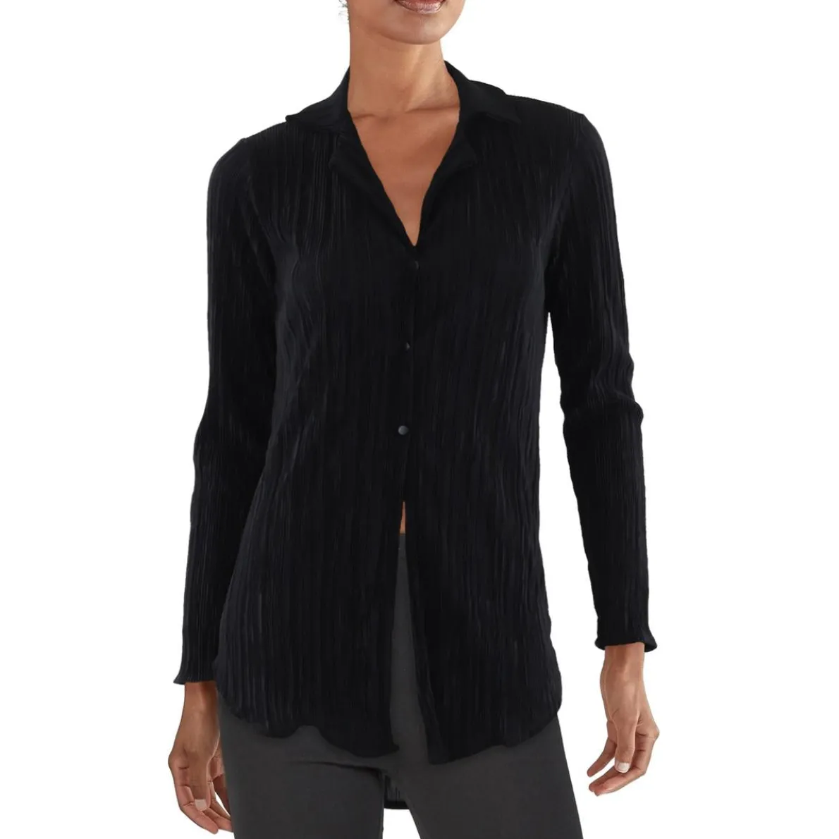 Pleated Collar Button-Down Top