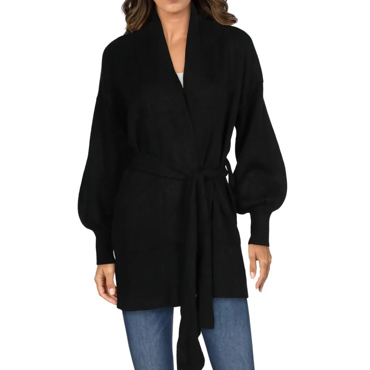 Knit Mid-Length Belted Wrap Cardigan Sweater