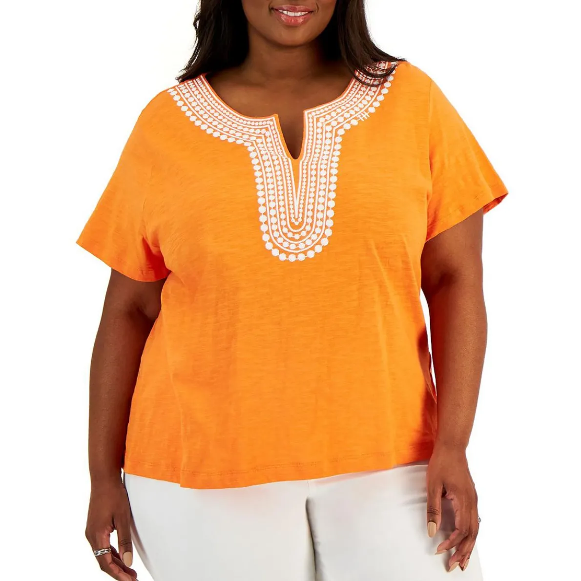 Plus Embroidered Slub Knit Pullover Top