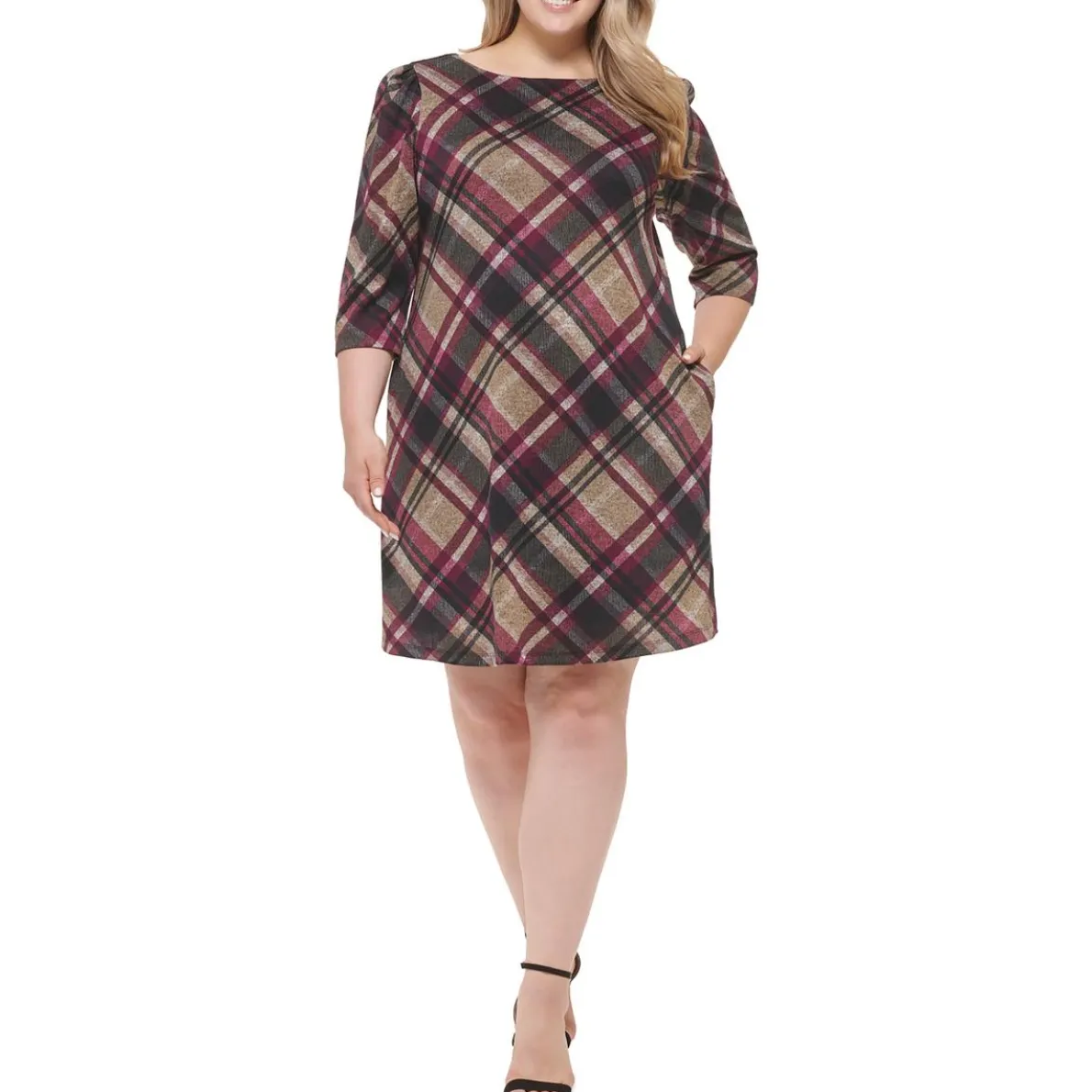Plus Knit Plaid Shift Dress