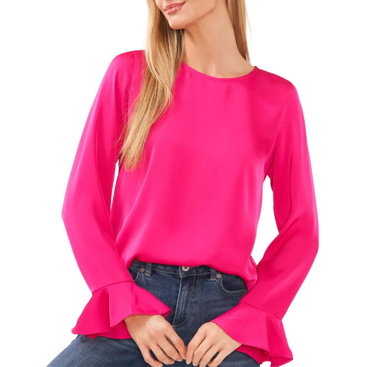 Round Neckline Ruffle Cuff Blouse
