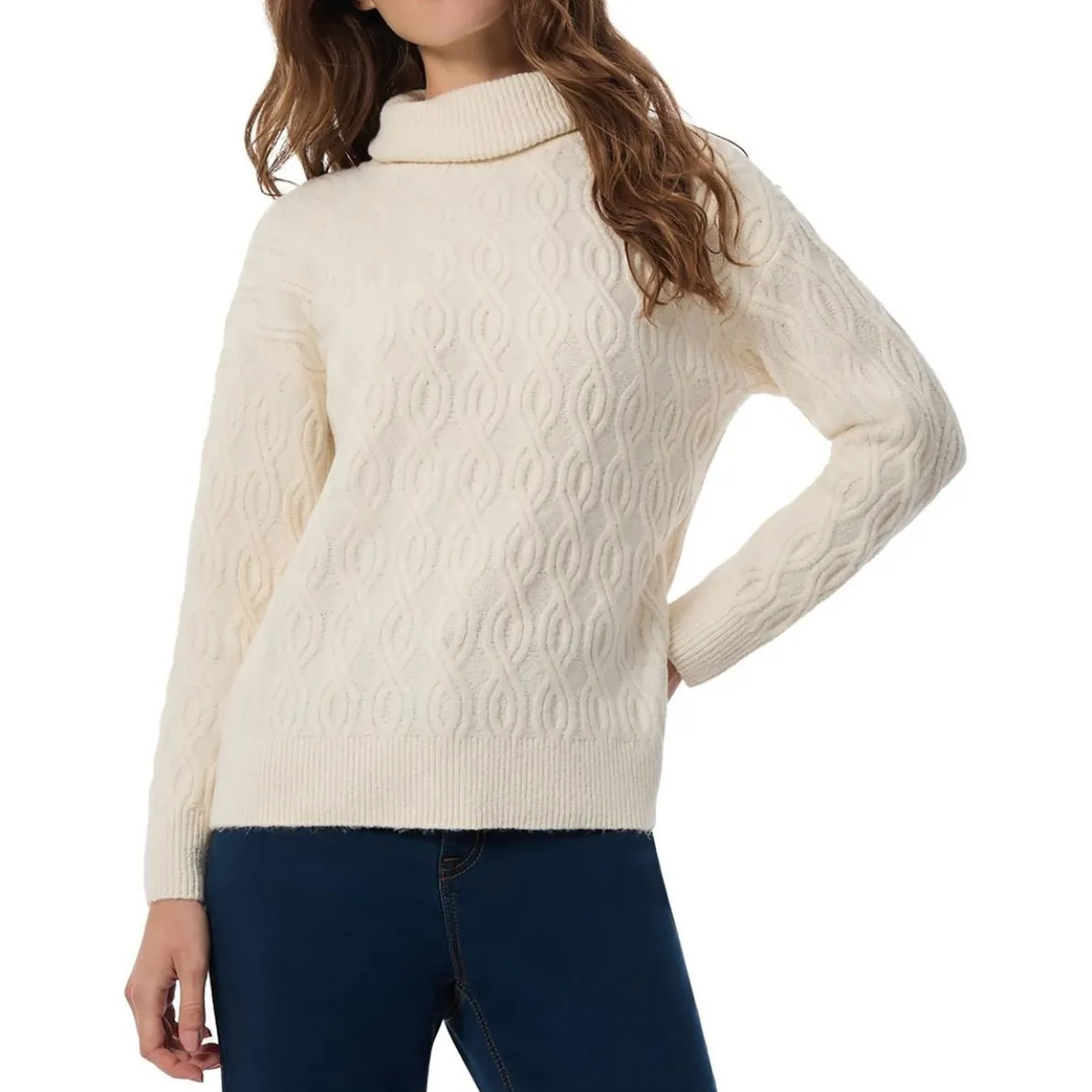 Ribbed Trim Cable Knit Turtleneck Sweater