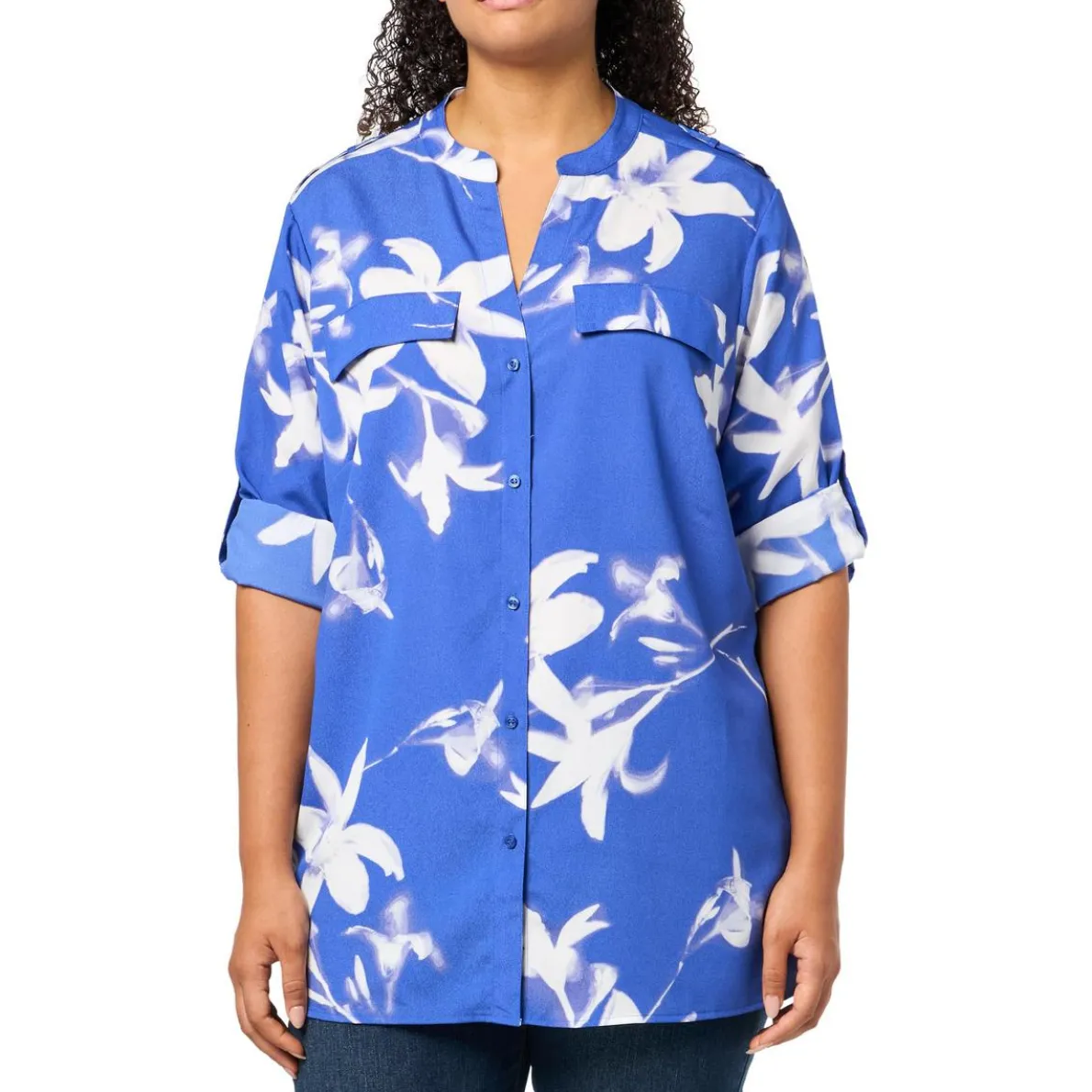 Plus Printed Adjustable Sleeves Button-Down Top