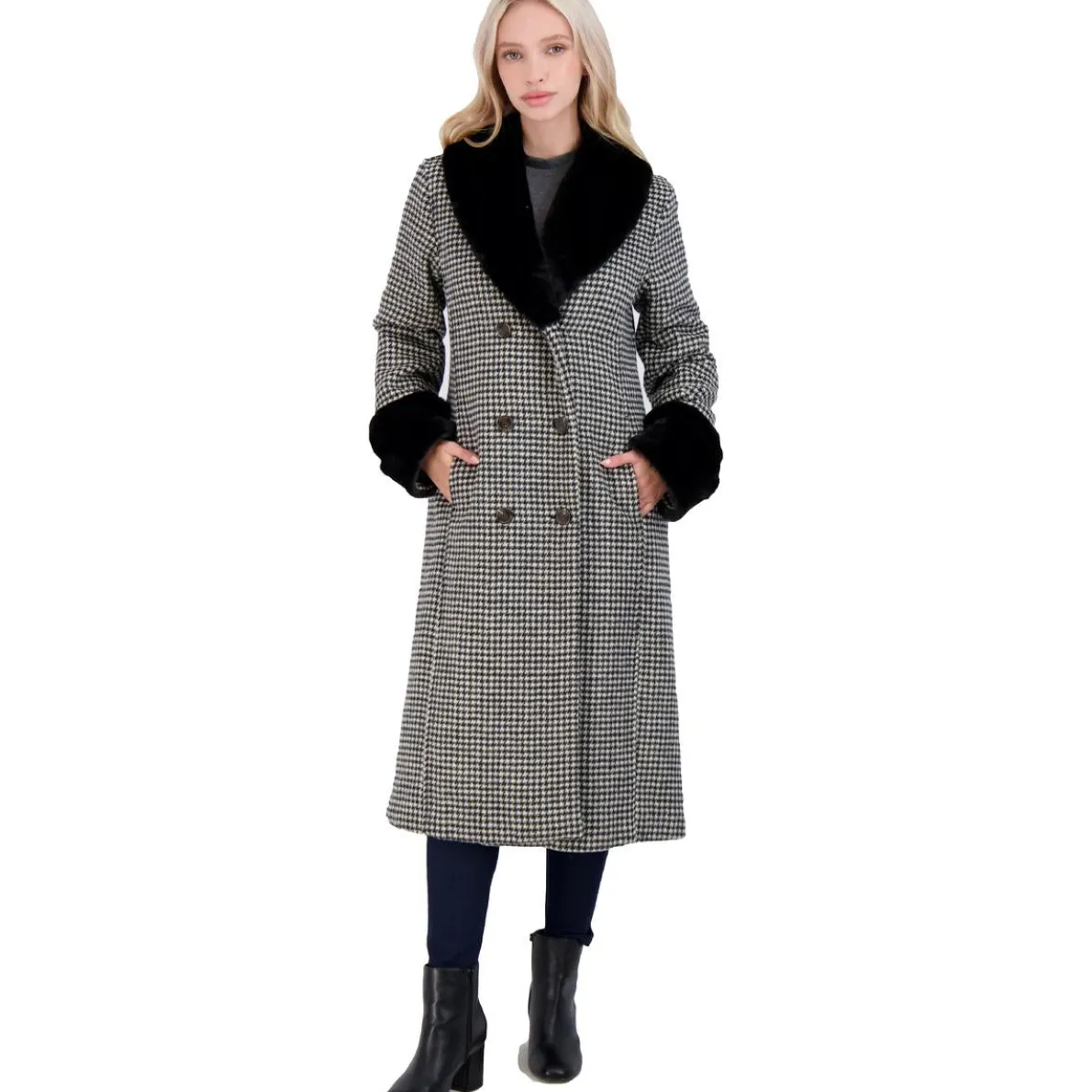 Printed Double Breasted Wool Coat with Faux Fur Trim