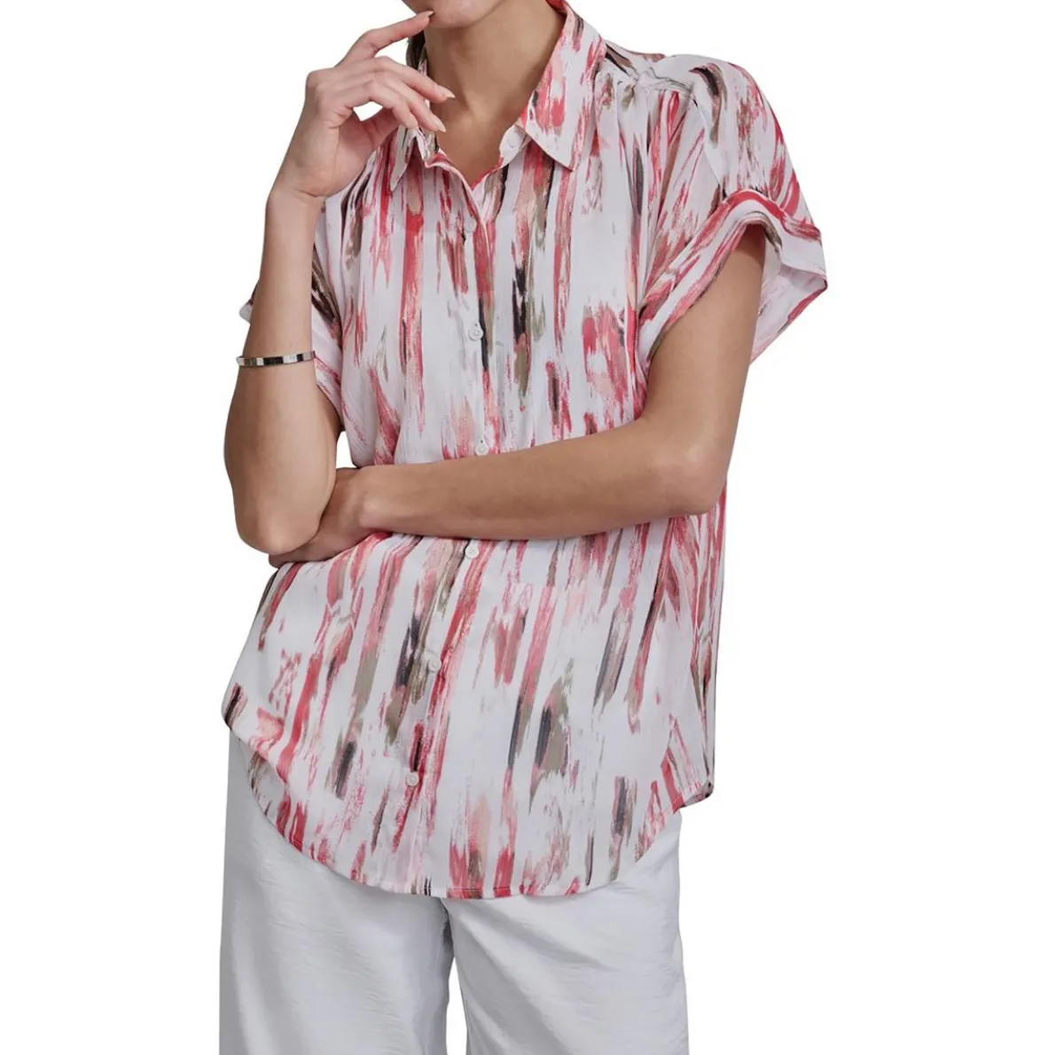 Crinkle Sheer Button-Down Top