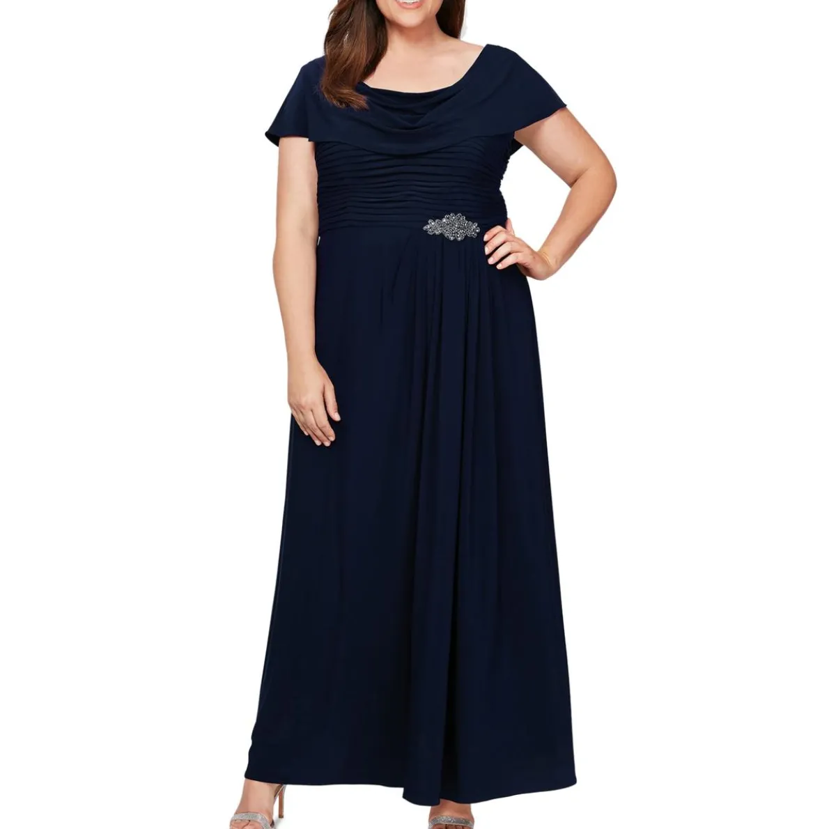 Plus Beaded Cowl Neck Formal Dress