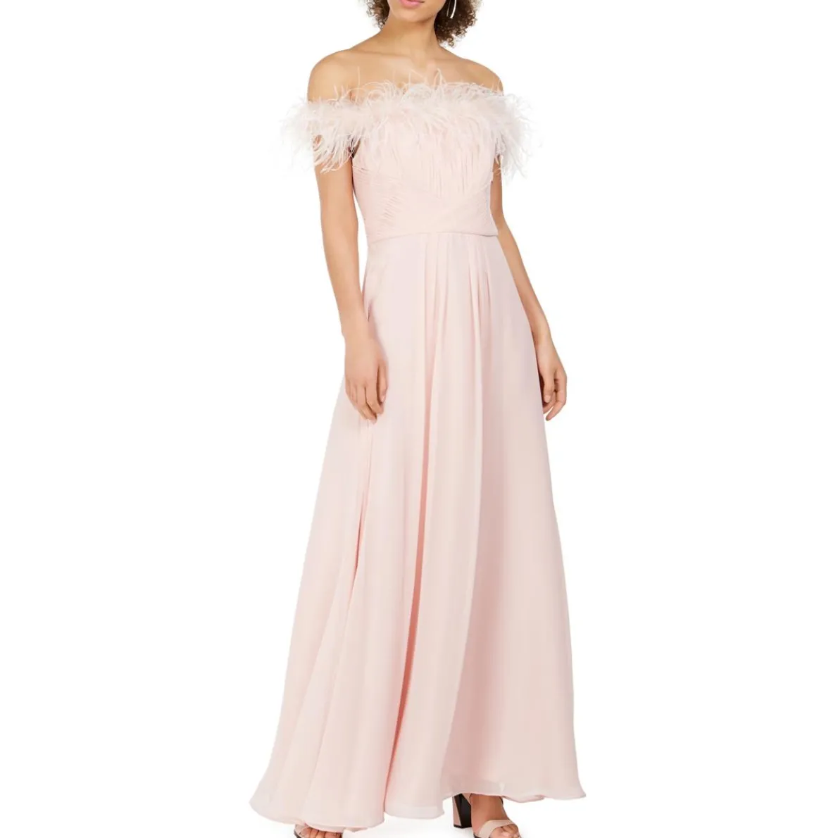 Feathers Off-The-Shoulder Evening Dress
