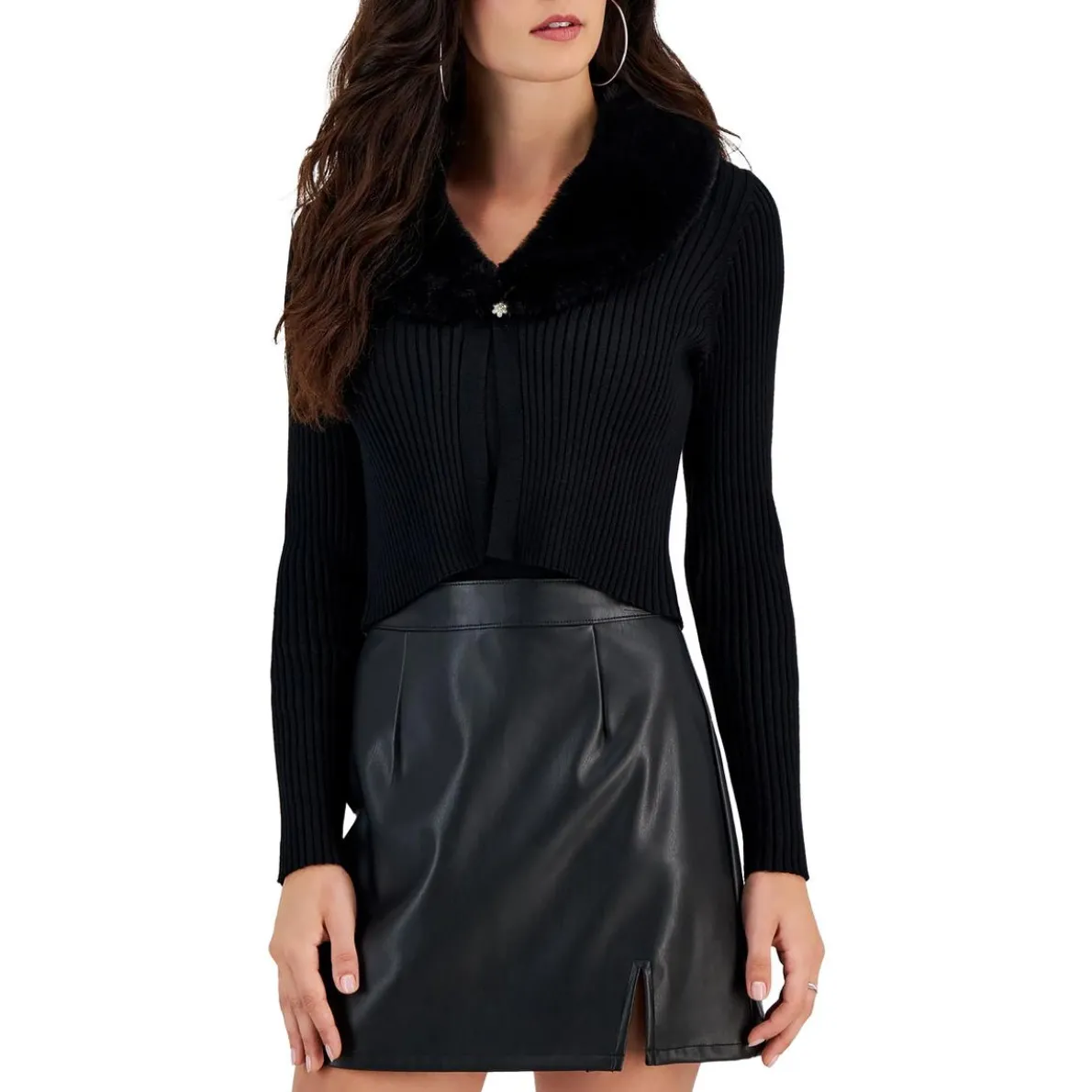 Ribbed Knit Faux Fur Collar Cardigan Sweater