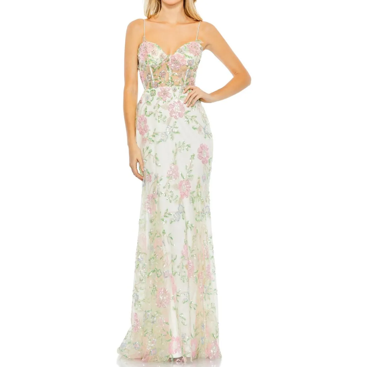 Corset Seamed Mesh Evening Dress