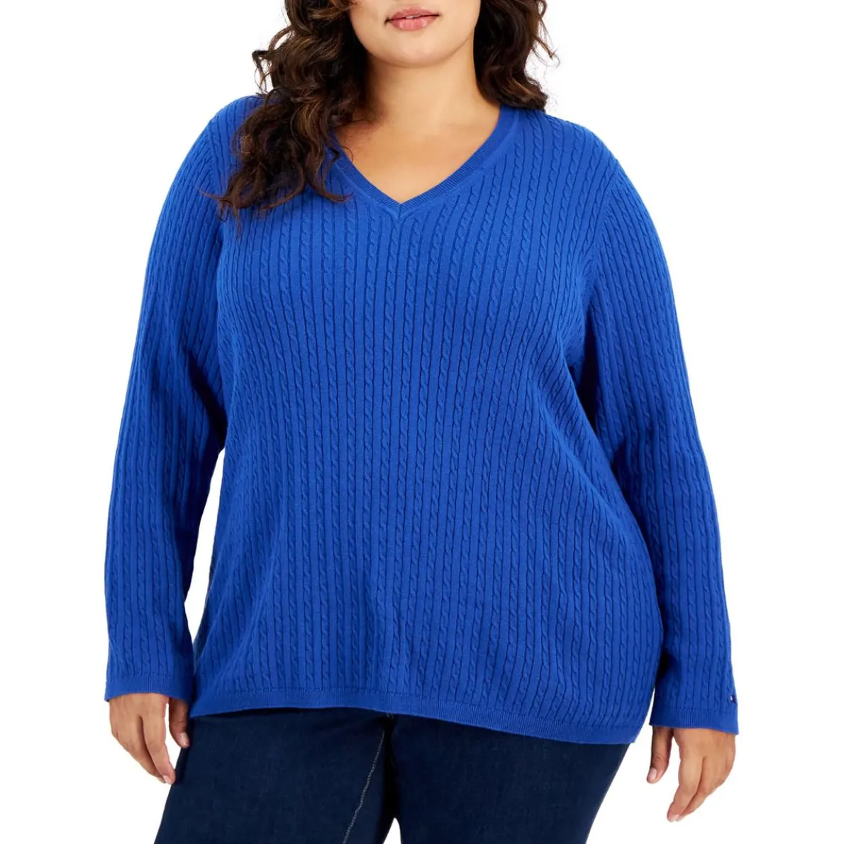 Plus Cable Knit Long Sleeve V-Neck Sweater