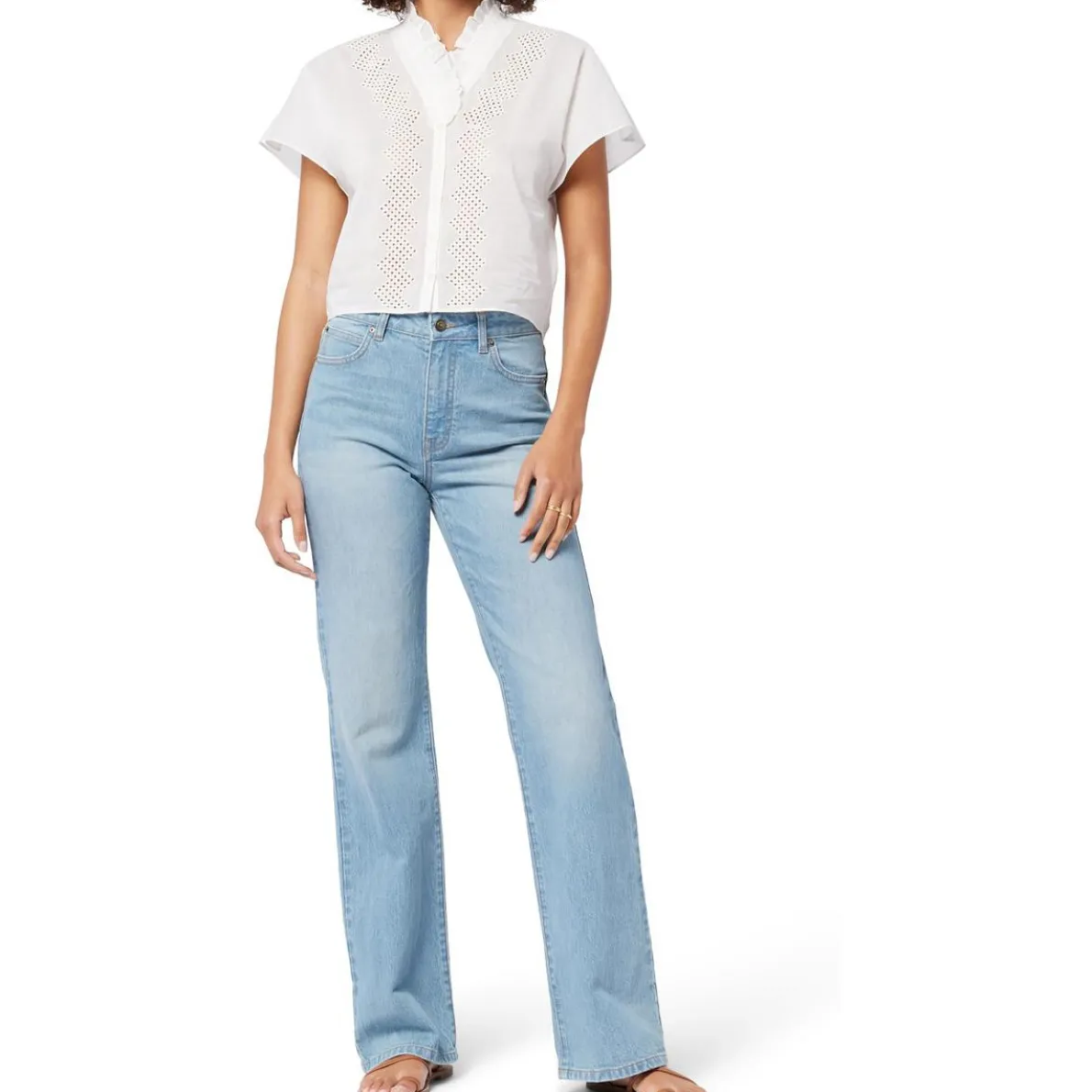 Ruffled Embroidered Button-Down Top