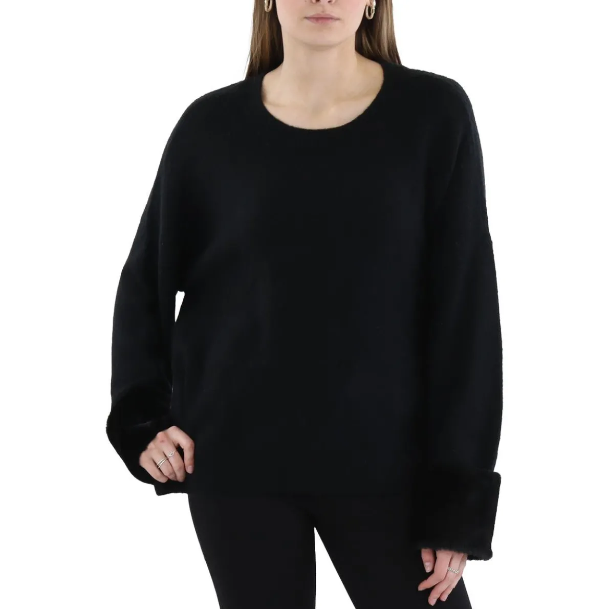 Pleated Faux Fur Cuffs Crewneck Sweater