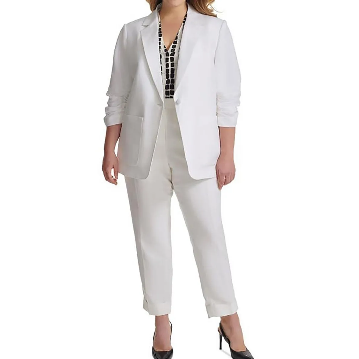 Plus Ruched Linen One-Button Blazer