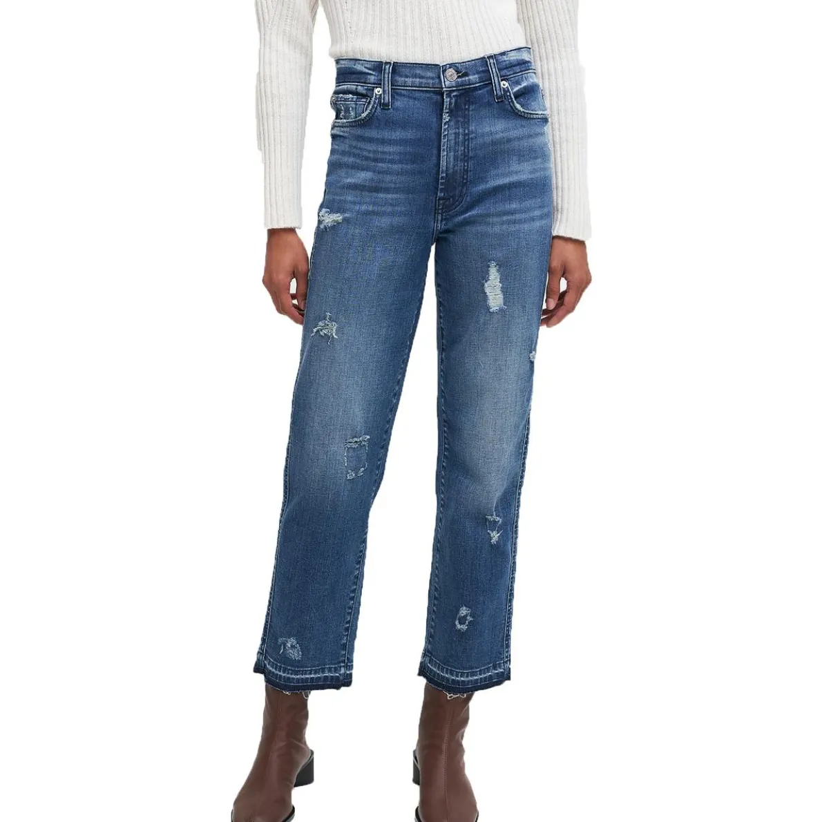 Destroyed Denim Straight Leg Jeans