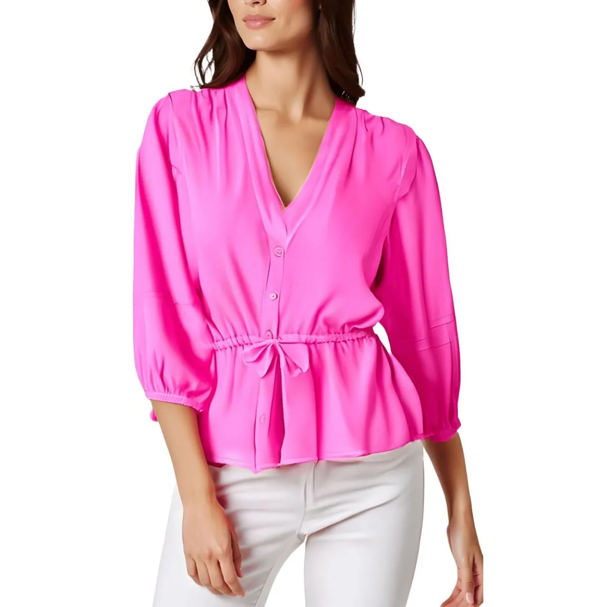 Peplum Drawstring Button-Down Top