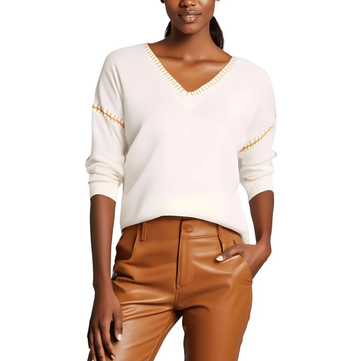 Contrast Trim Knit V-Neck Sweater