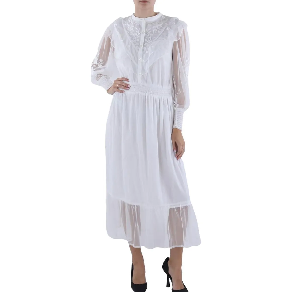 Embroidered Tea Length Midi Dress