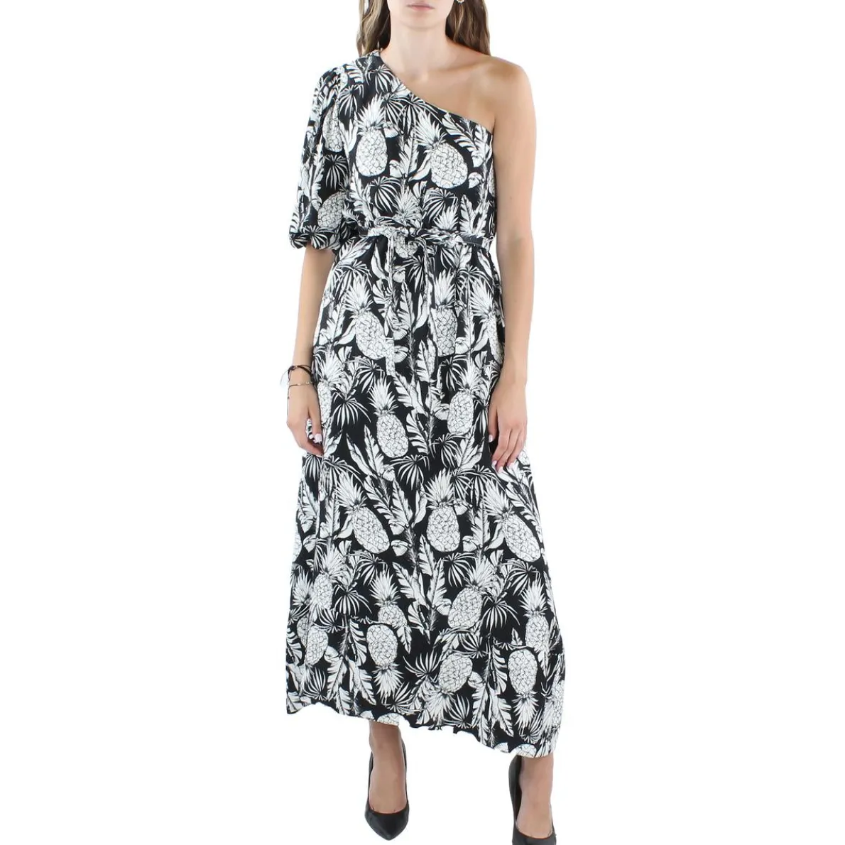 Pineapple Linen Blend One Shoulder Maxi Dress