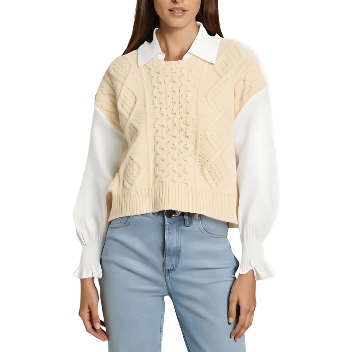 Layered Cable Knit V-Neck Sweater