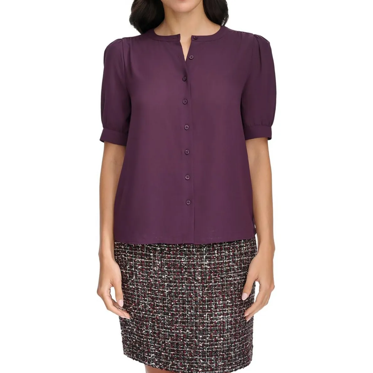Puff Sleeve Solid Button-Down Top