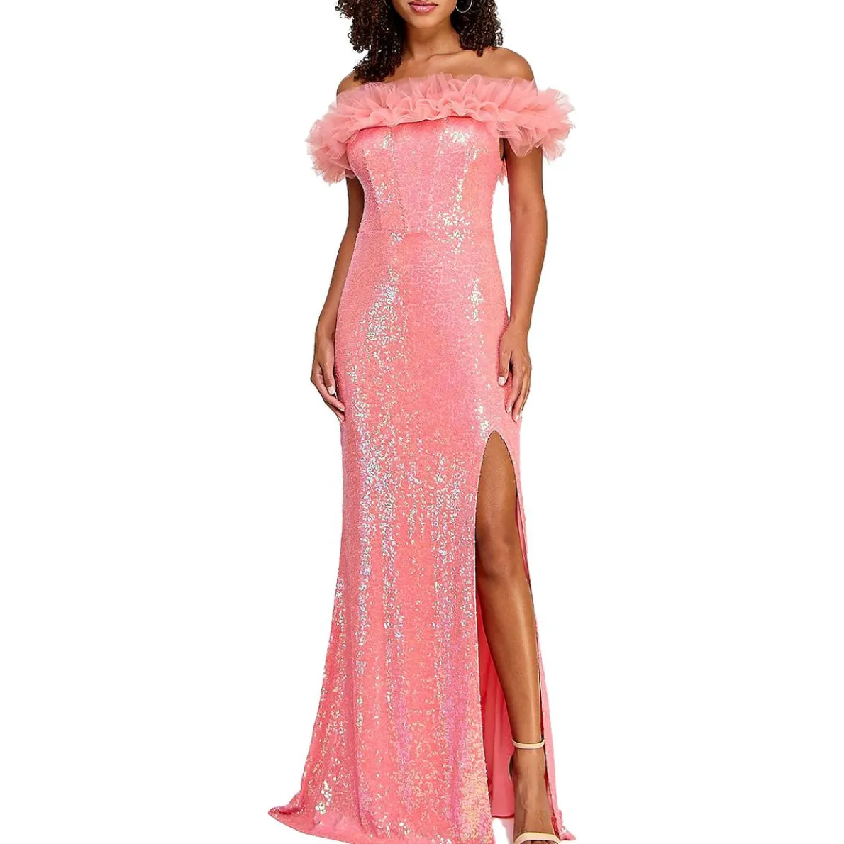 Juniors Sequin Off-The-Shoulder Evening Dress