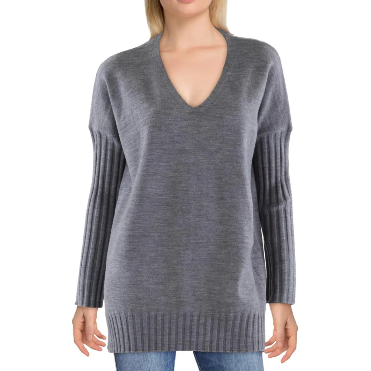 Ribbed Trim Knit V-Neck Sweater