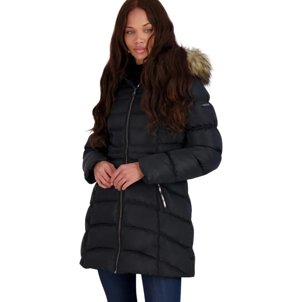 Quilted Faux Fur Trim Mid-Length Puffer Coat