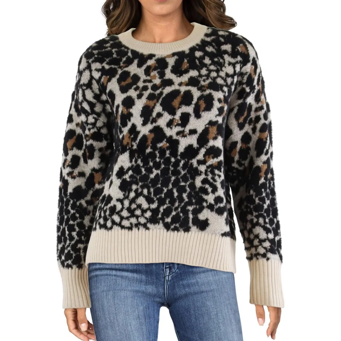 Animal Print Faux Fur Crewneck Sweater