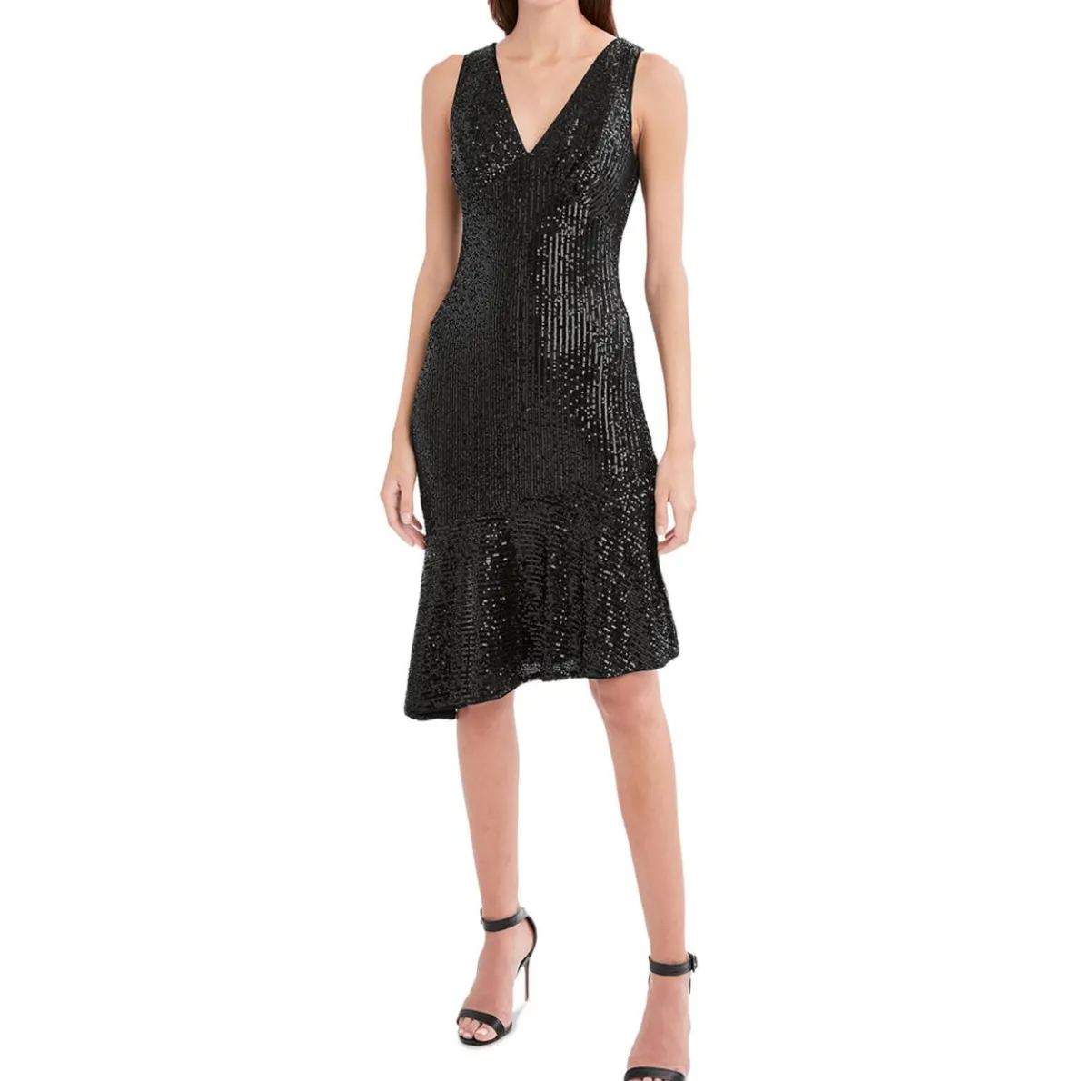 BCBG Max Azria Asymmetric Sequined Cut Out V-Neck Cocktail Dress