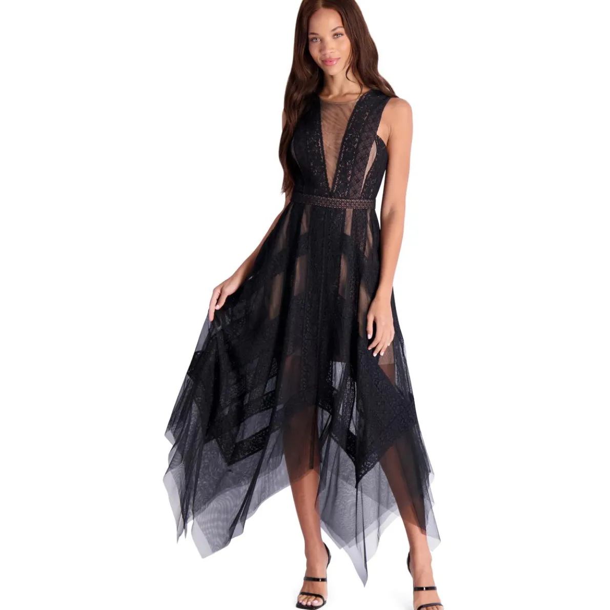 BCBG Max Azria Andi Asymmetric Sleeveless Lace Handkerchief Dress