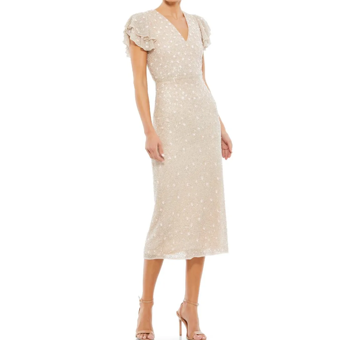 Beaded V-Neck Flutter Sleeve Midi Cocktail Dress