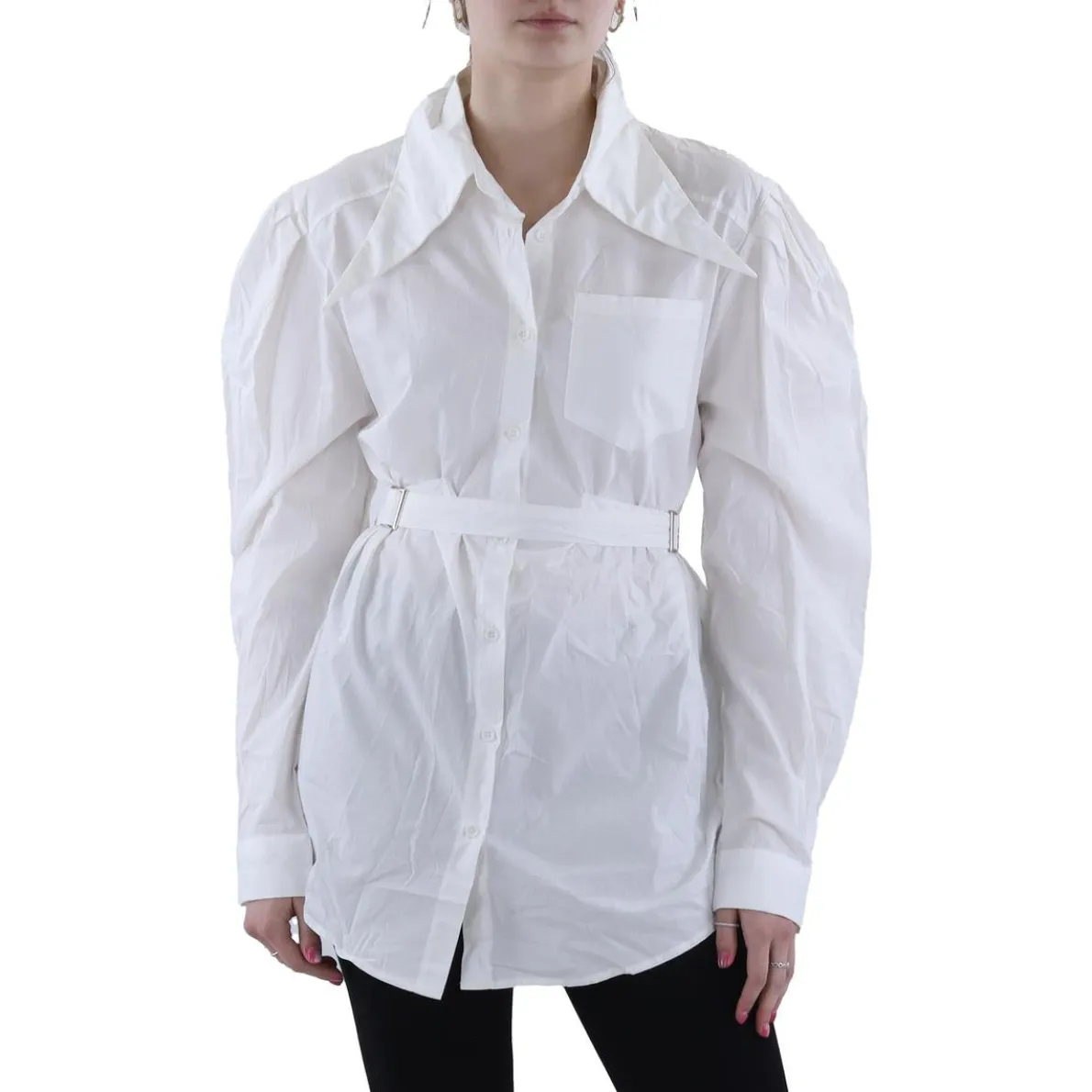 Belted Long Sleeve Button-Down Top