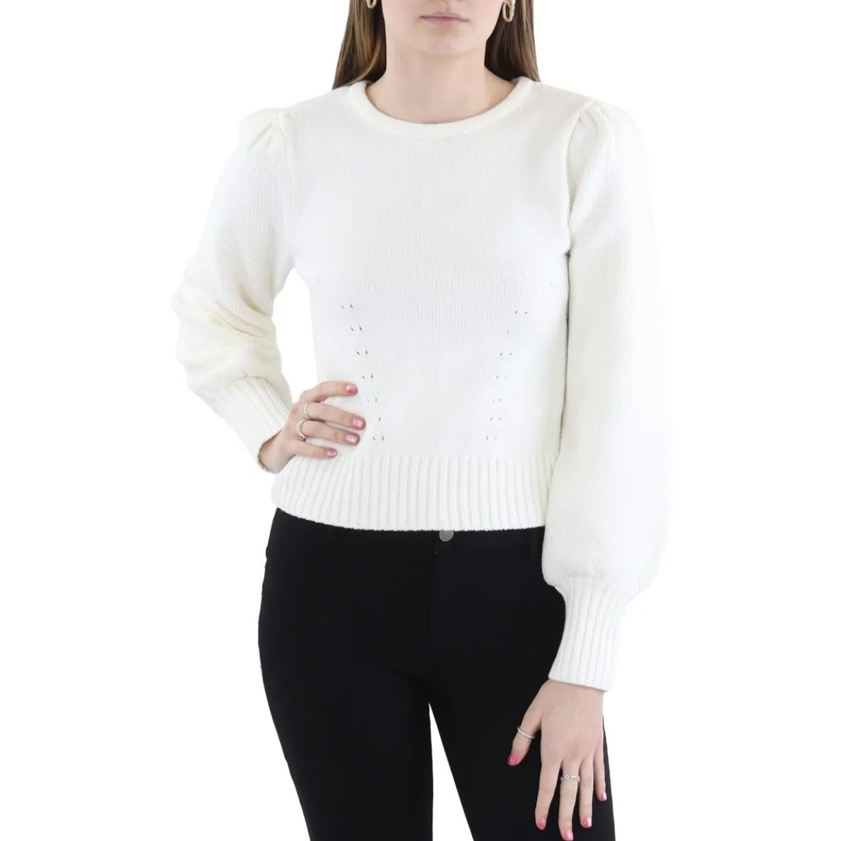 BREELA Ribbed Trim Cotton Pullover Sweater