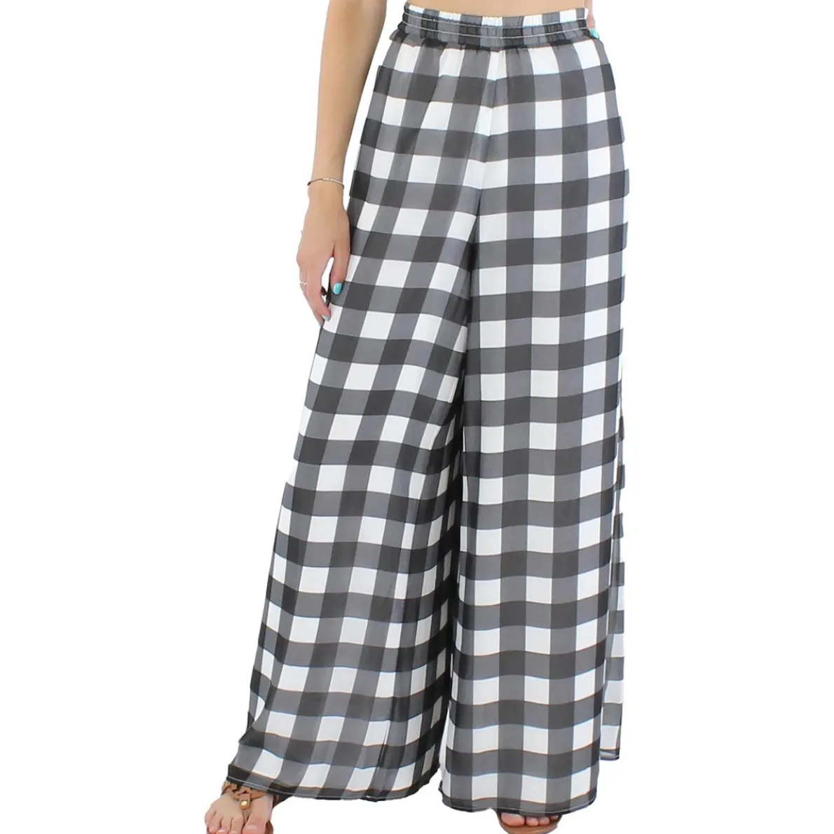 Chiffon Check Print Wide Leg Pants