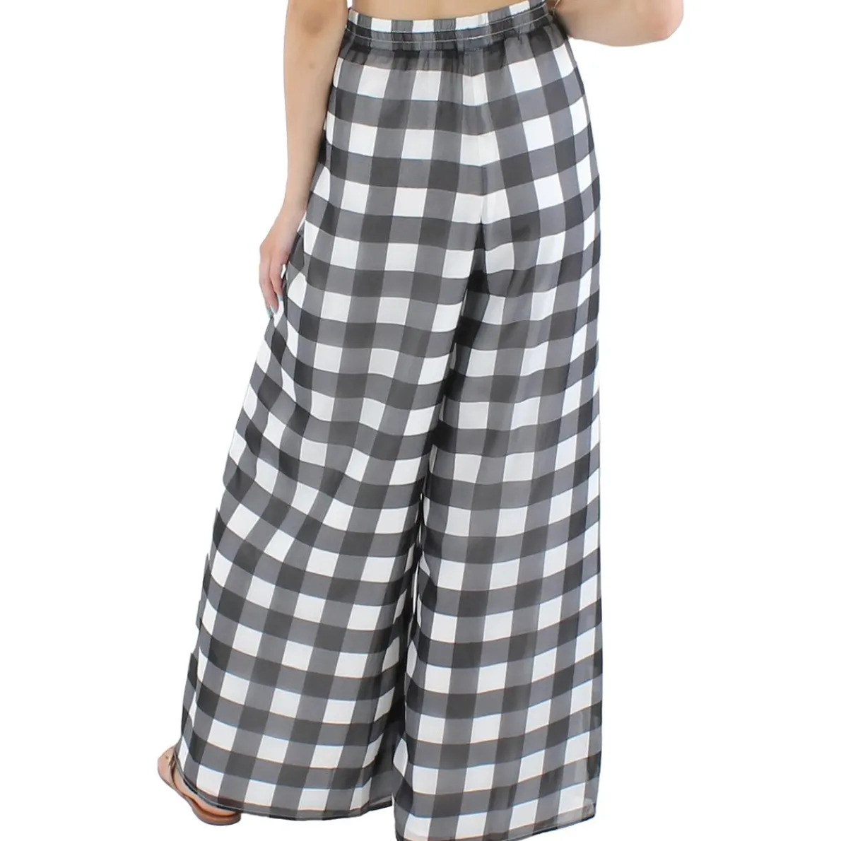 Chiffon Check Print Wide Leg Pants
