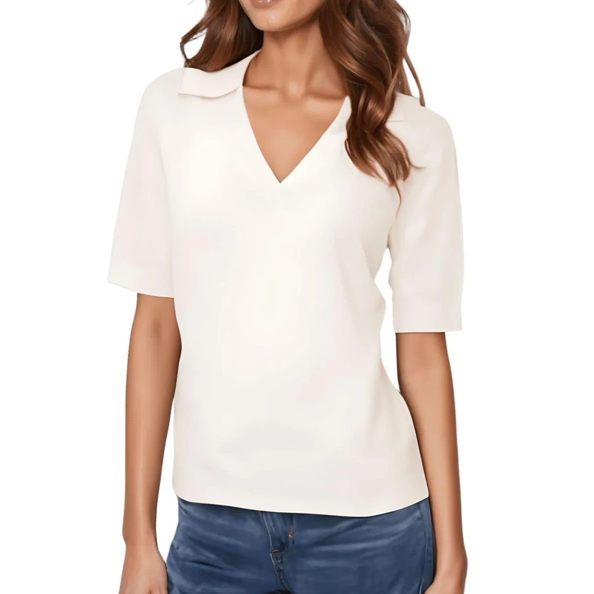 Collar Ribbed Knit V-Neck Sweater