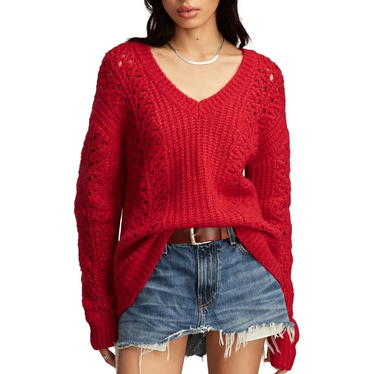 Crochet Cable Knit V-Neck Sweater