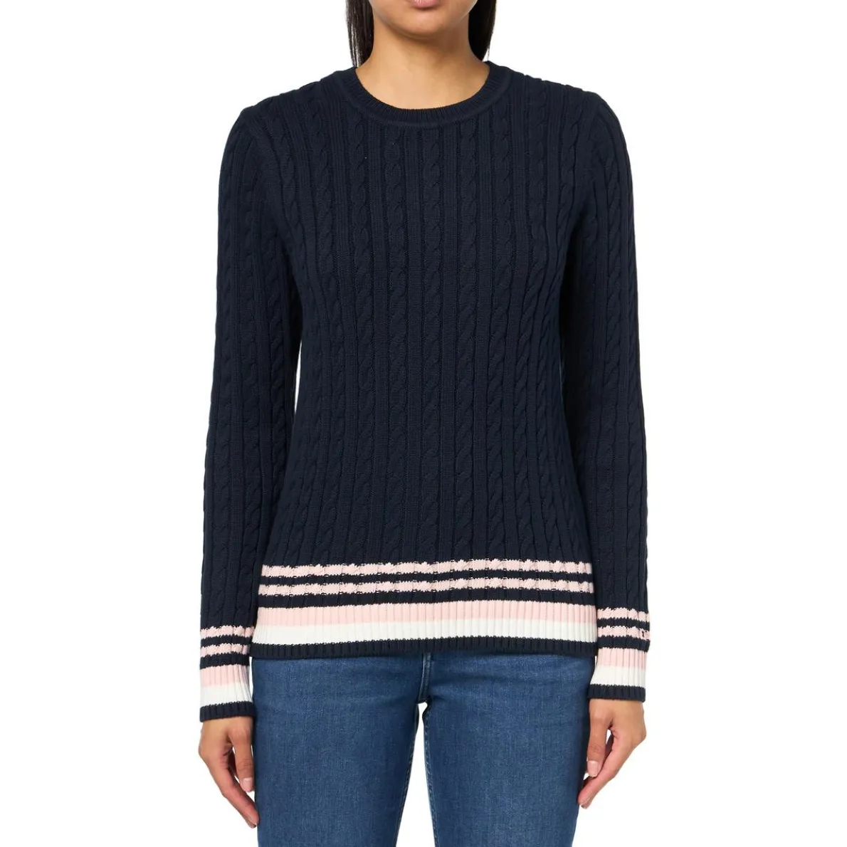 Contrast Trim Cable Knit Crewneck Sweater
