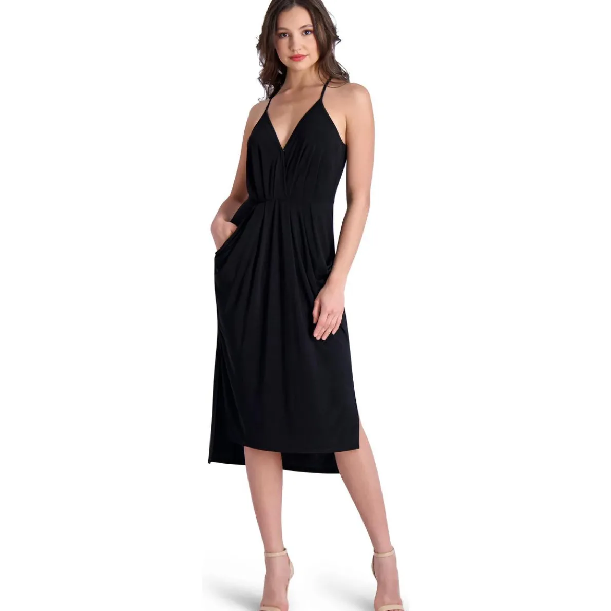 Della Sleeveless Draped Midi Dress with Front Pockets