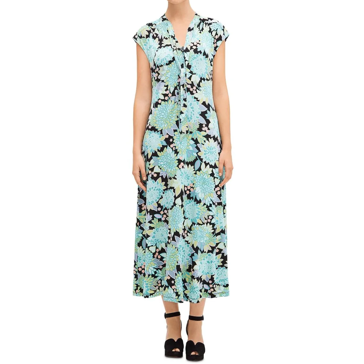 Dahlia Bloom Floral Print Cap Sleeves Maxi Dress