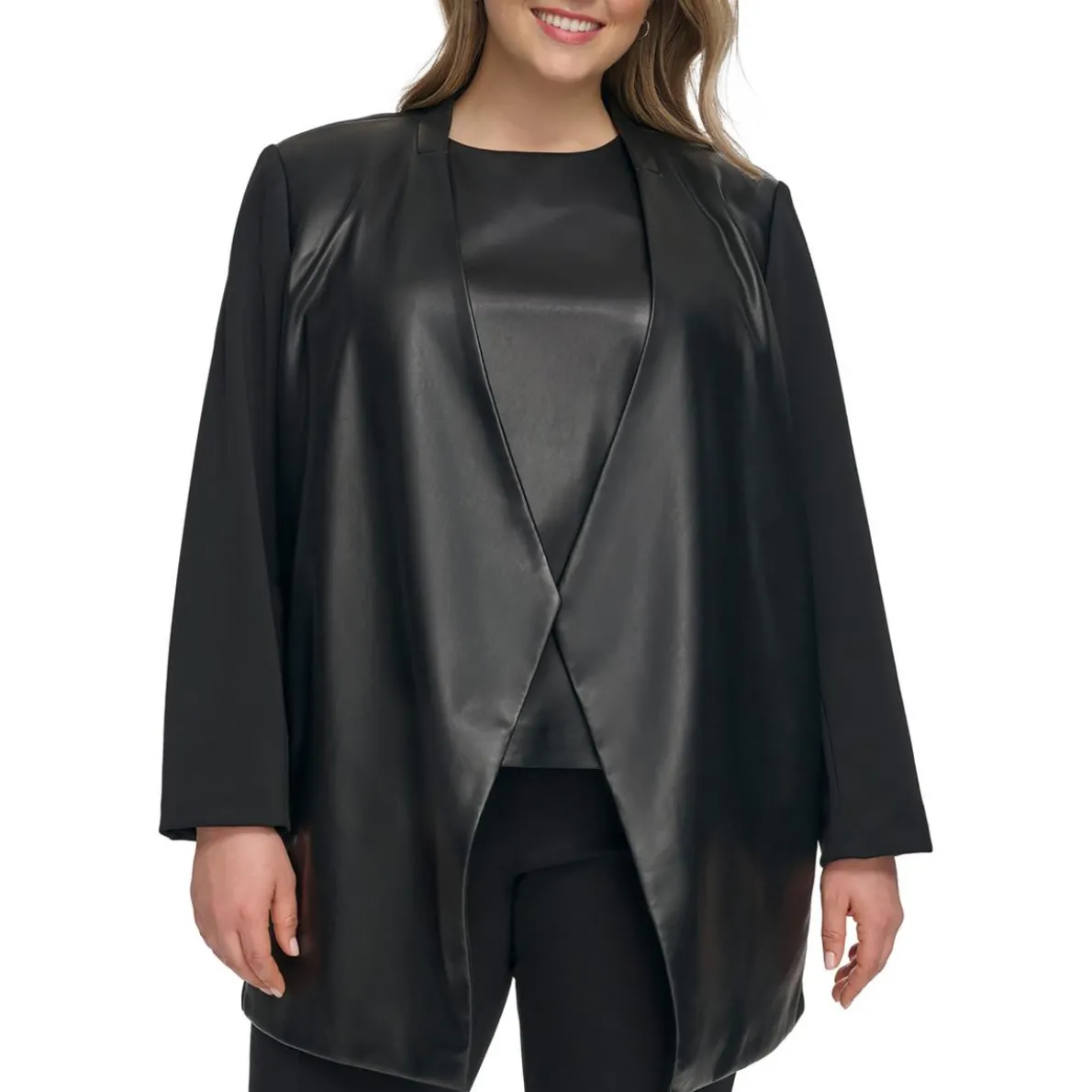 Plus Faux Leather Trim Evening Wear Open Front