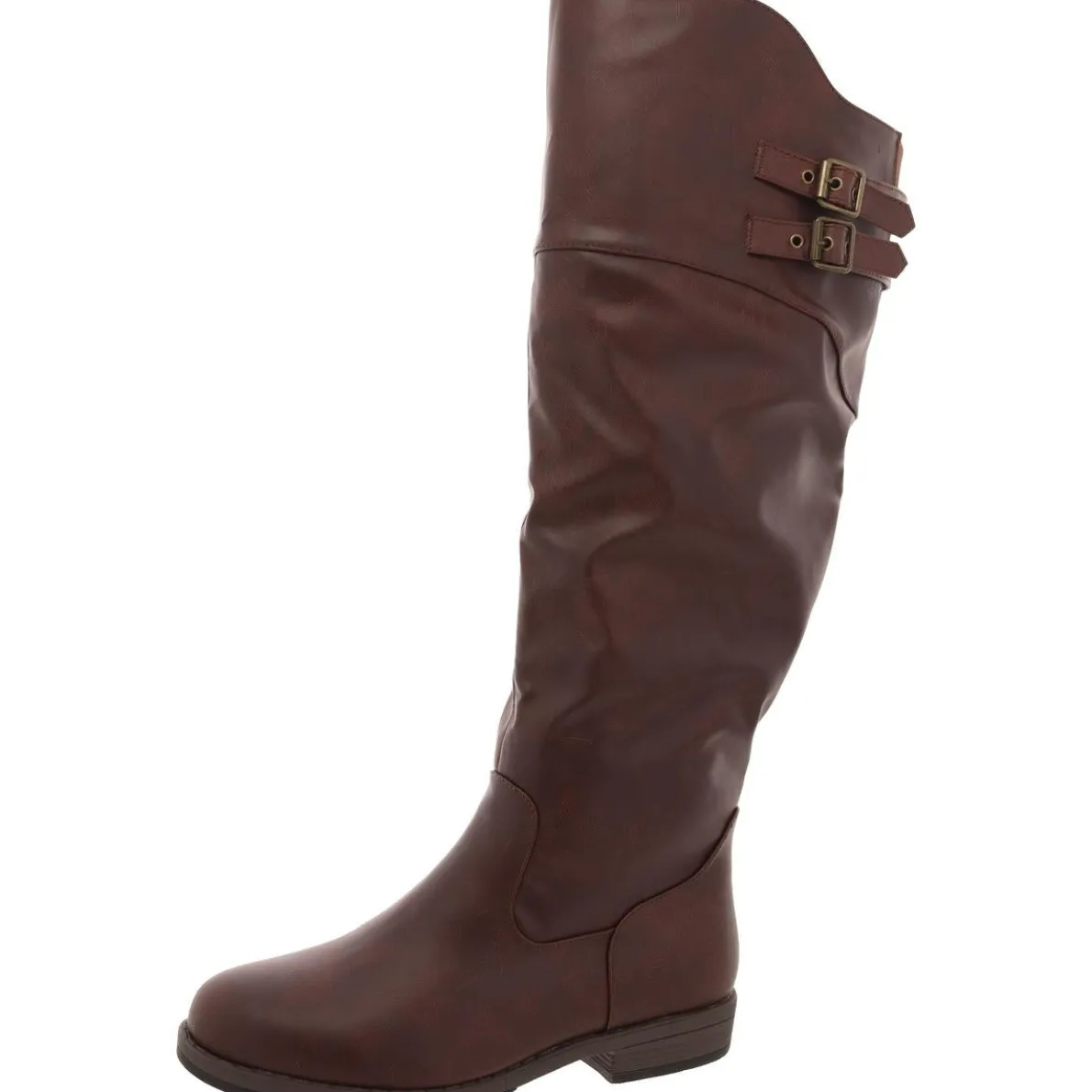 Faux Leather Buckle Knee-High Boots