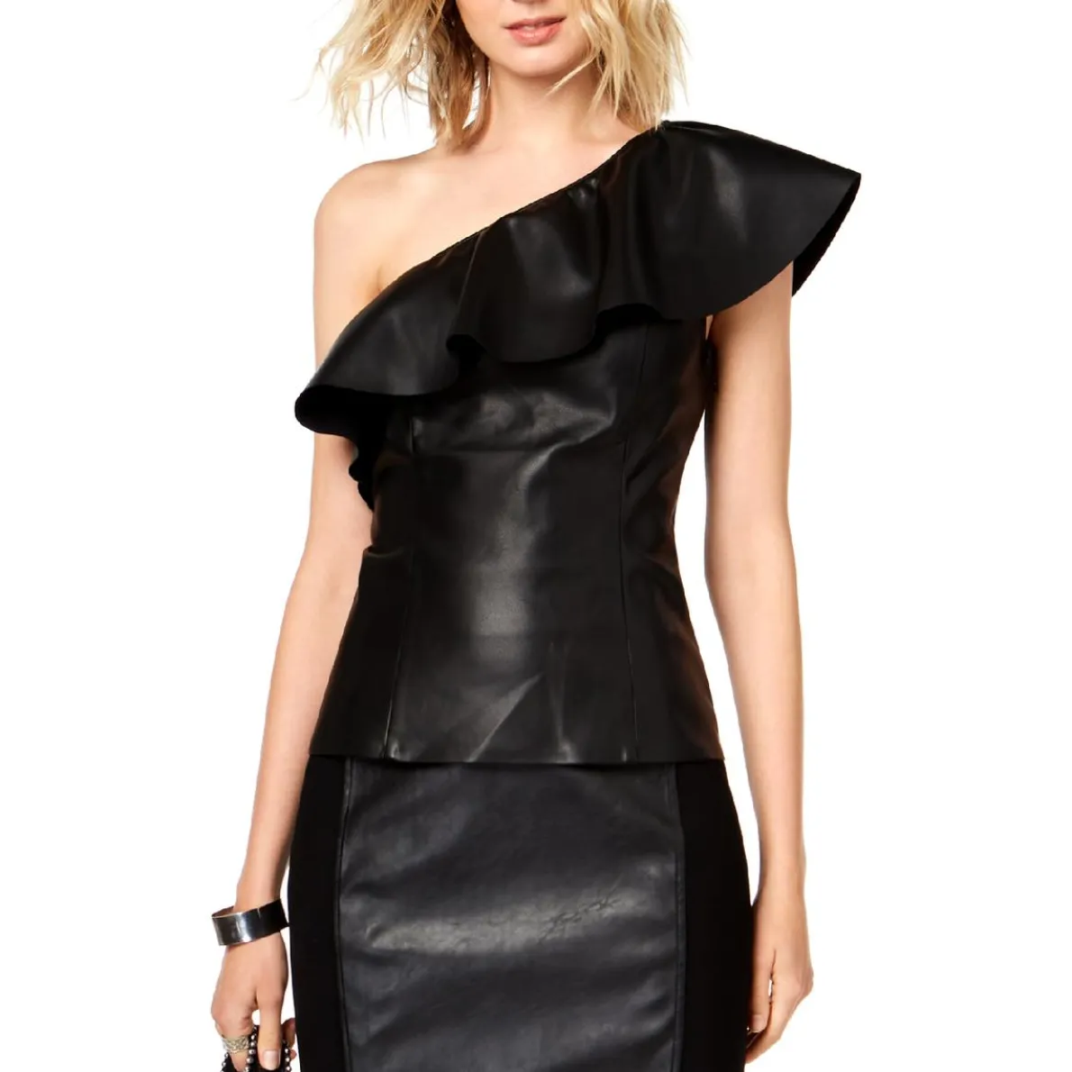 Faux Leather One Shoulder Blouse
