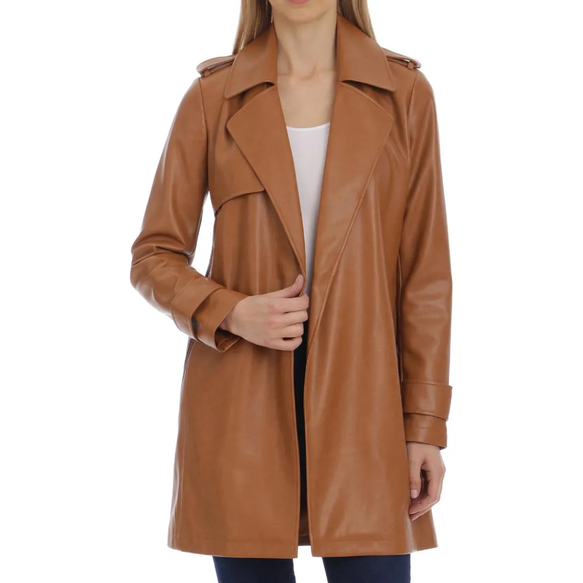 Faux Leather Open Front Trench Coat