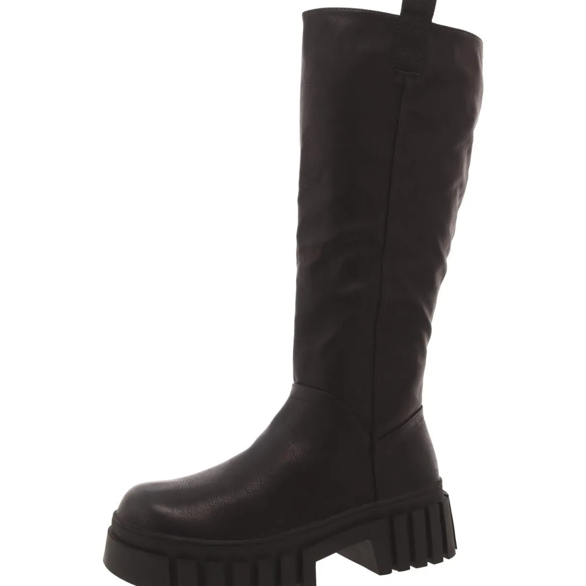 Faux Leather Pull On Knee-High Boots