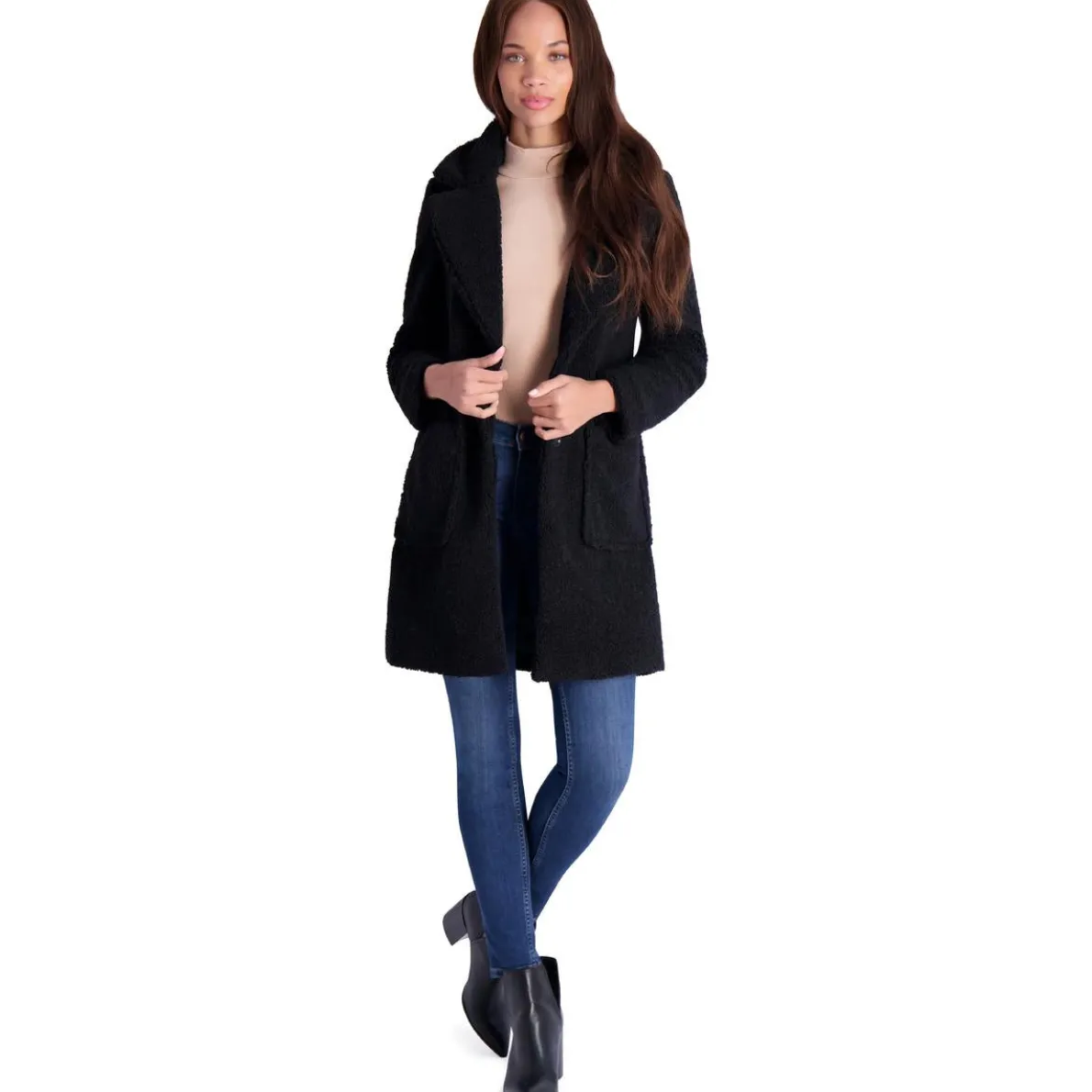 Faux Shearling Teddy Lapel Midi Coat