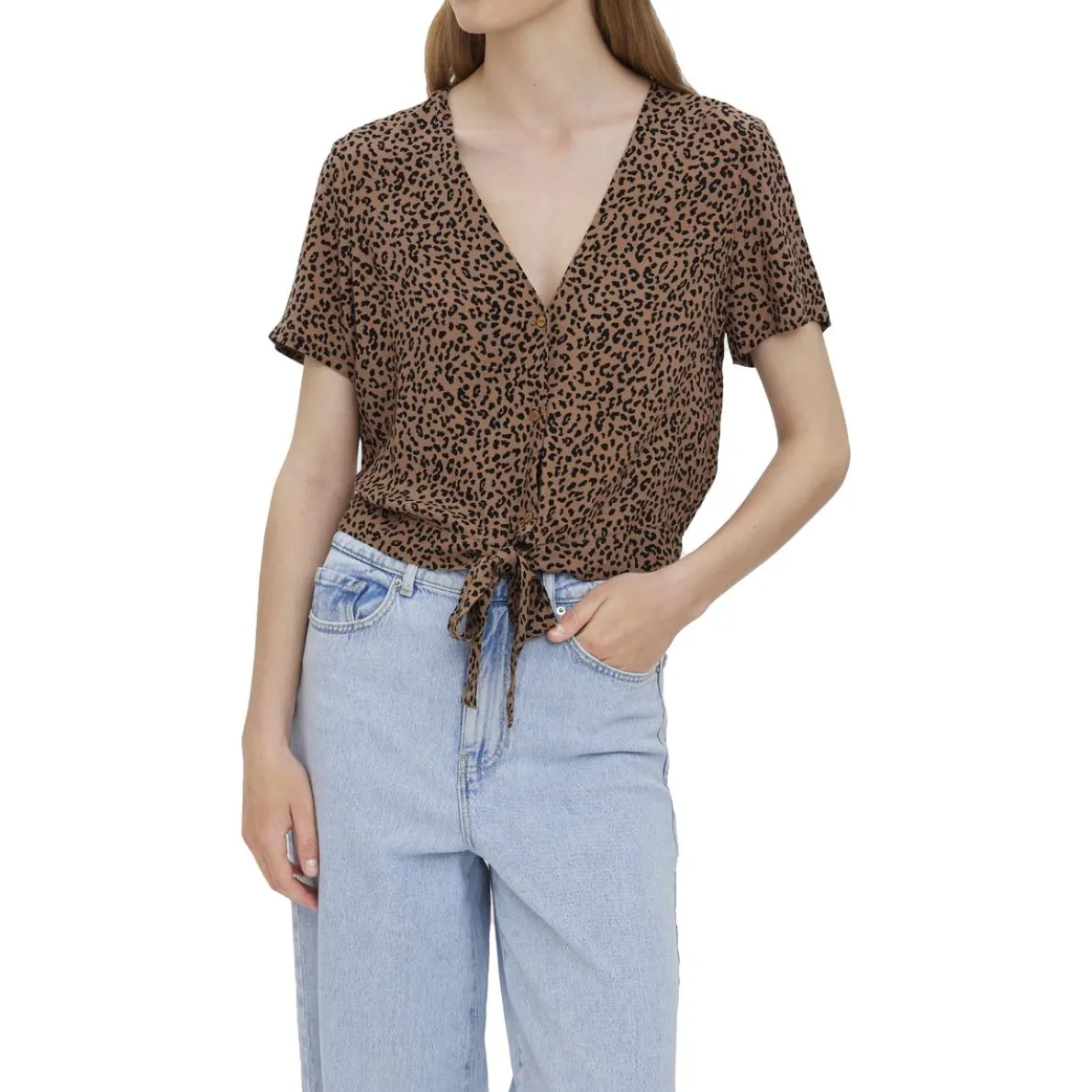 Floral Front Tie Short Sleeve Shirt Blouse